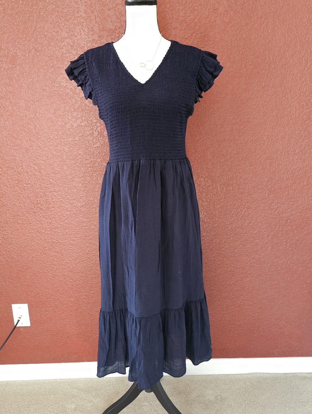 Nanette Lepore Navy Smocked V-Neck Ruffle Sleeve Midi Dress